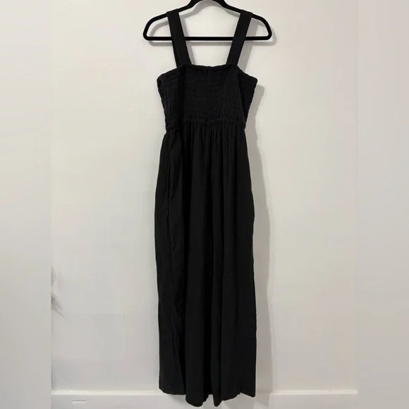 NWT Quince Women 100% Organic Cotton Gauze Smocked Wide Leg Jumpsuit Black Sz M - Picture 6 of 7